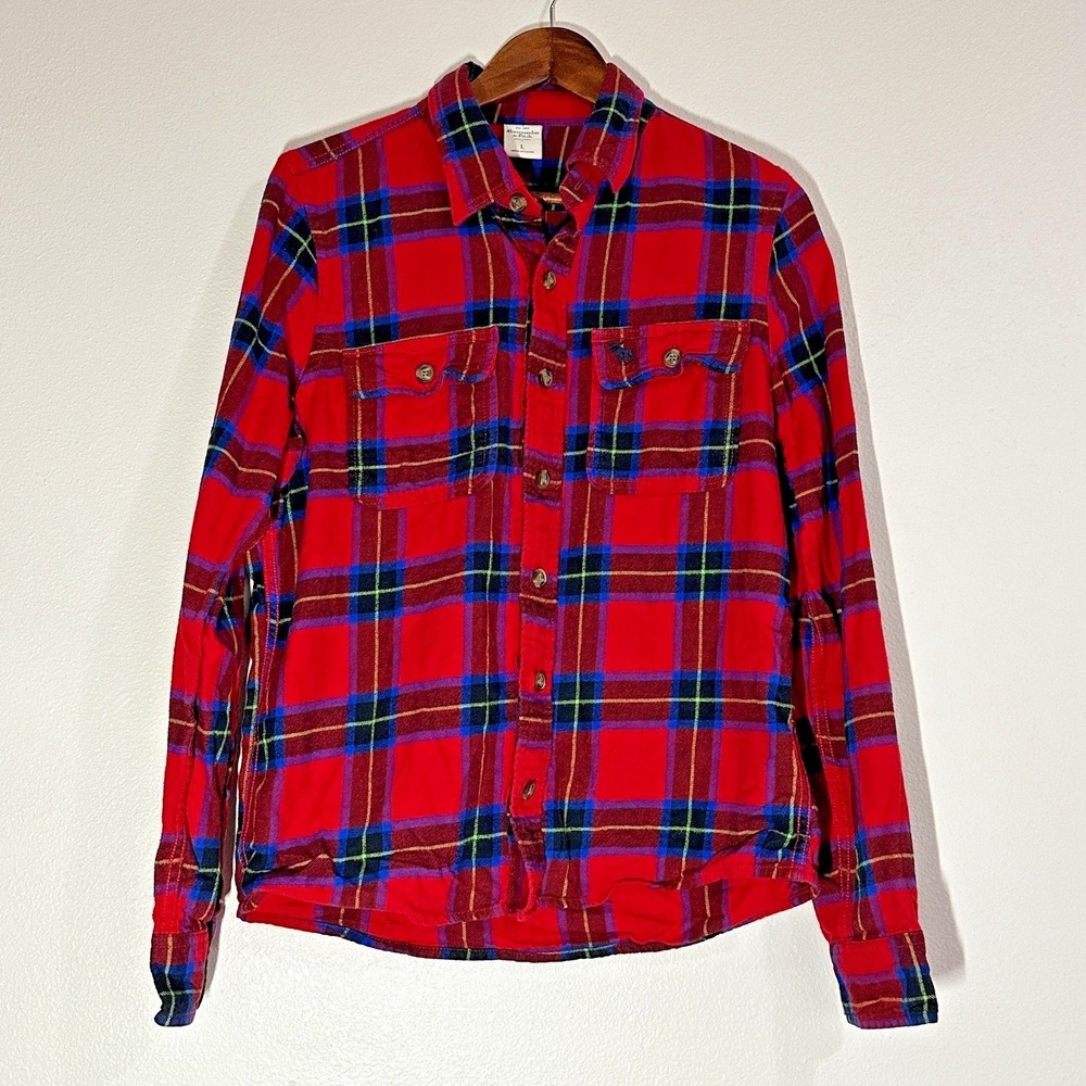 Abercrombie & Fitch‎ Flannel Shirt Mens Large Red Plaid Multi Button Up Pocket